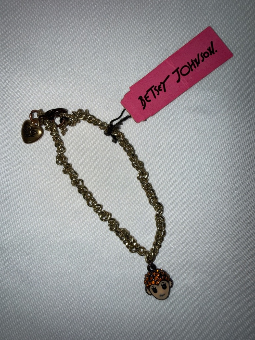 Betsey Johnson Gold Chain Bracelet with Character Charm and Pink Tag